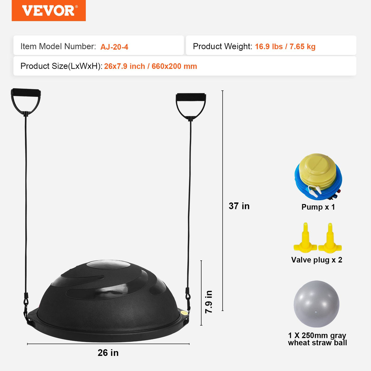 Half Balance 26in Exercise Ball Trainer Stability Ball with Bands and Pump