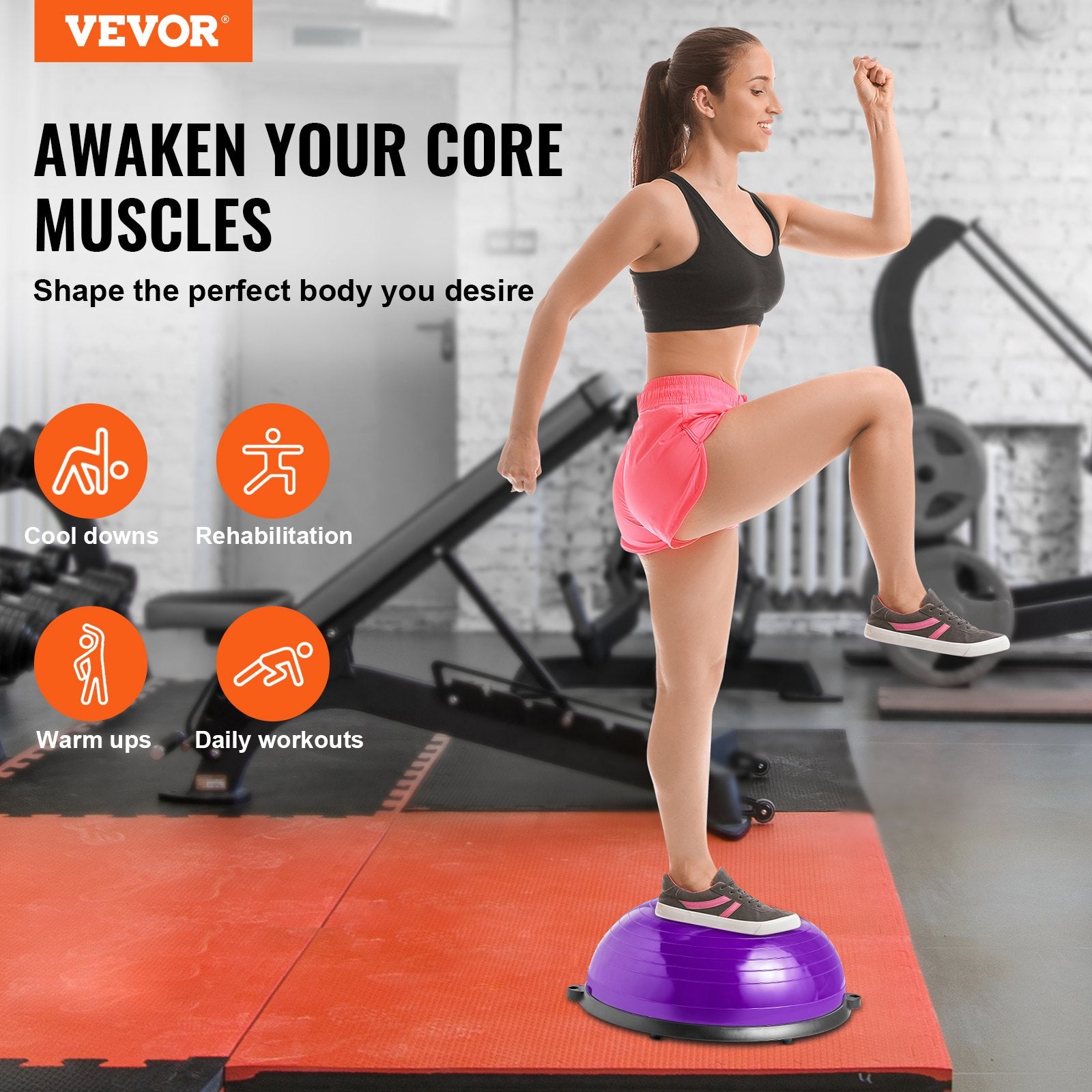 Half Exercise Ball Trainer 23in Balance 660lbs Resistance Bands Pump Yoga Purple