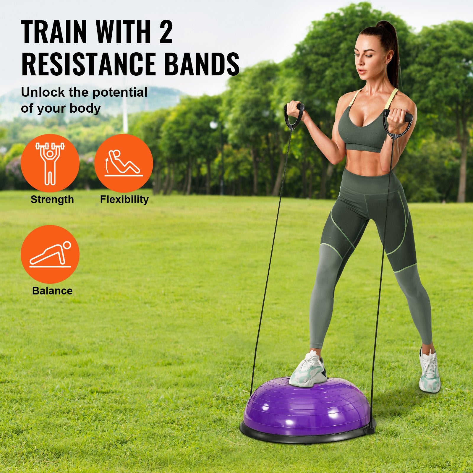 Half Exercise Ball Trainer 23in Balance 660lbs Resistance Bands Pump Yoga Purple