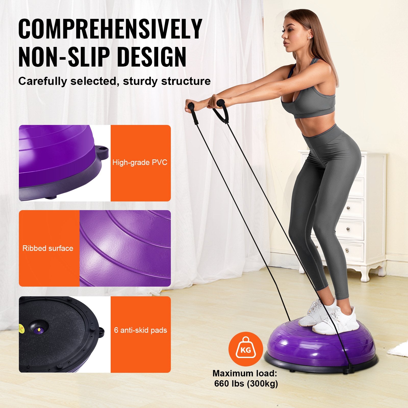 Half Exercise Ball Trainer 23in Balance 660lbs Resistance Bands Pump Yoga Purple