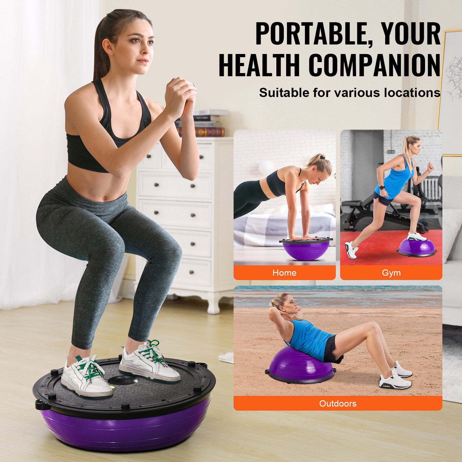Half Exercise Ball Trainer 23in Balance 660lbs Resistance Bands Pump Yoga Purple