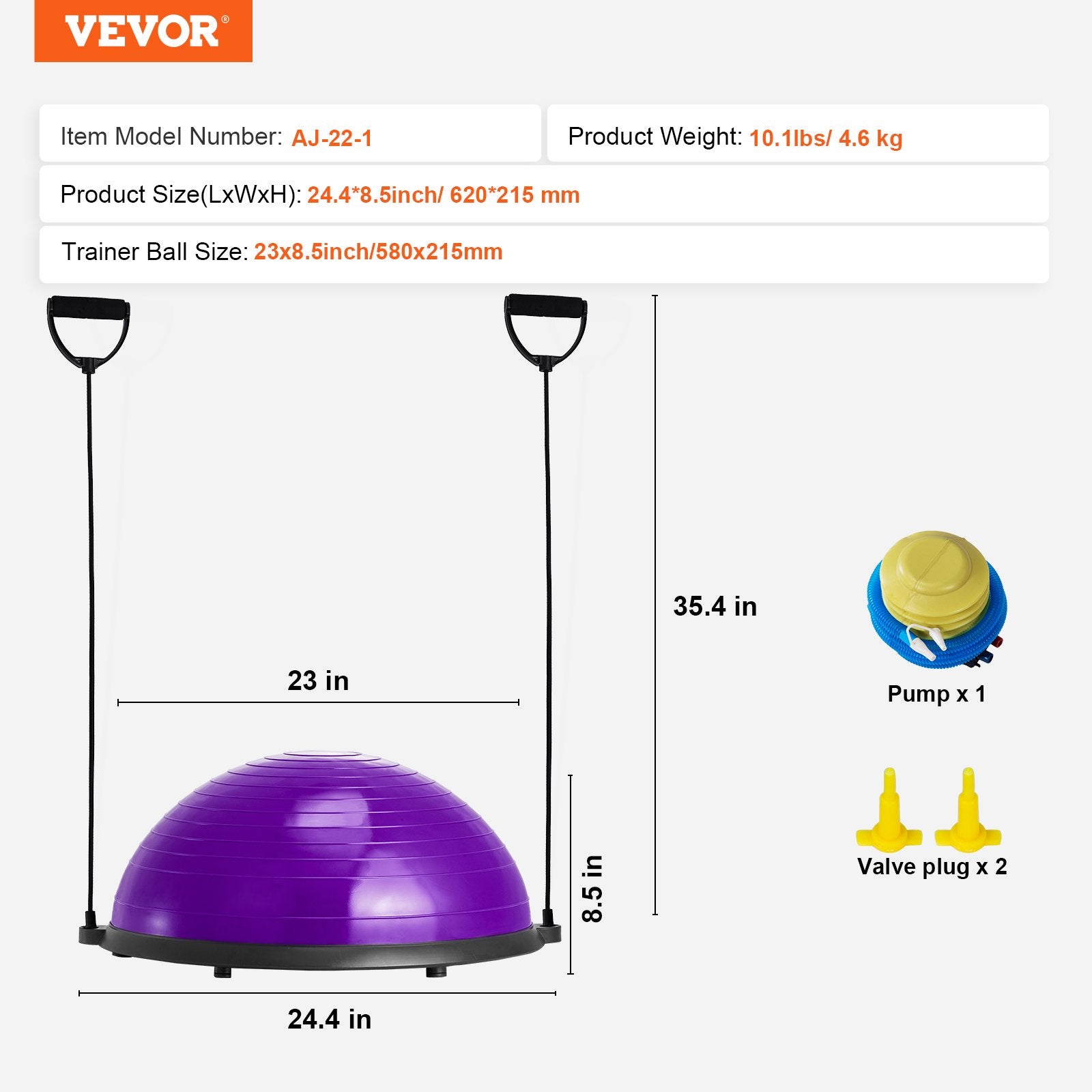 Half Exercise Ball Trainer 23in Balance 660lbs Resistance Bands Pump Yoga Purple