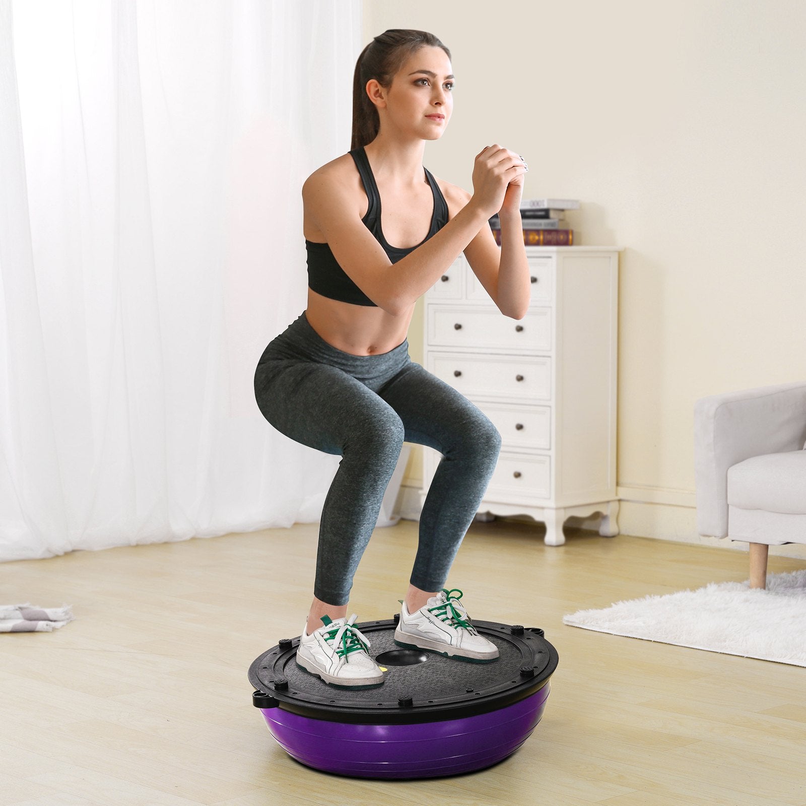 Half Exercise Ball Trainer 23in Balance 660lbs Resistance Bands Pump Yoga Purple