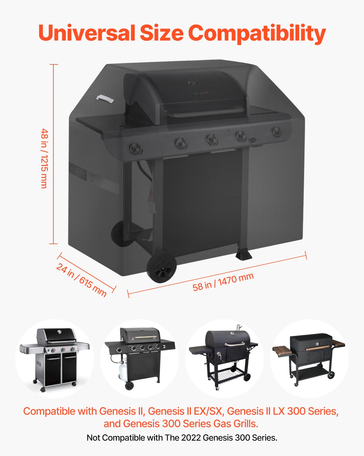 Grill Cover 58in Waterproof Heavy Duty 600D Polyester BBQ Outdoor Black