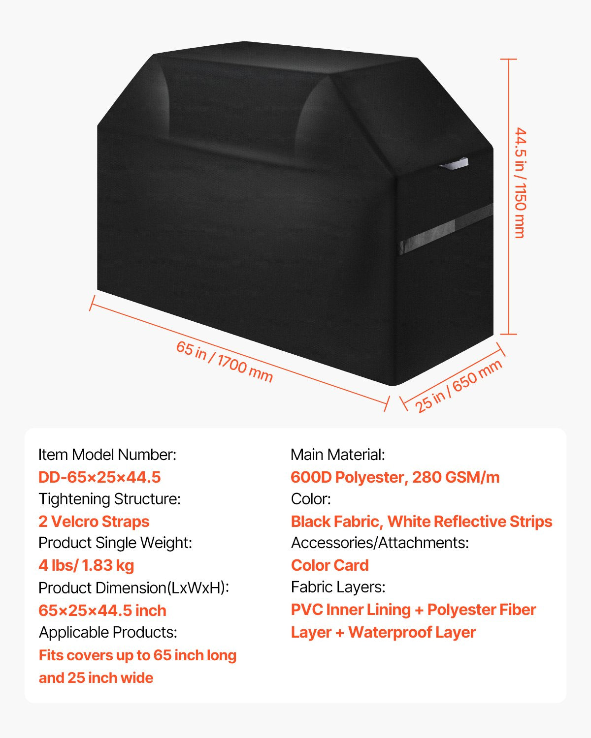 Grill Cover 65in Waterproof Heavy Duty 600D Polyester BBQ Outdoor Black