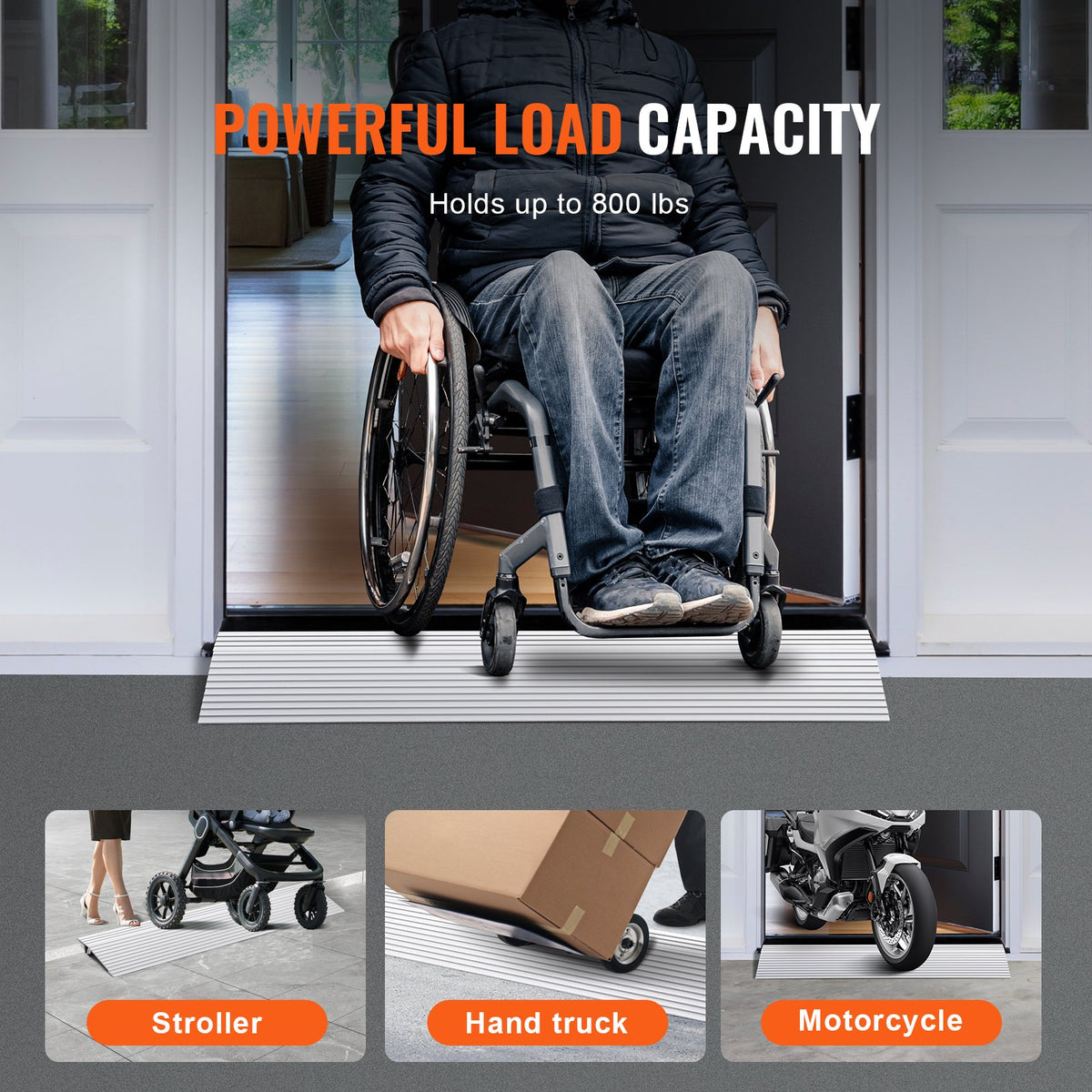 1" Rise Aluminum Door Threshold Ramp 800lb Capacity for Wheelchairs