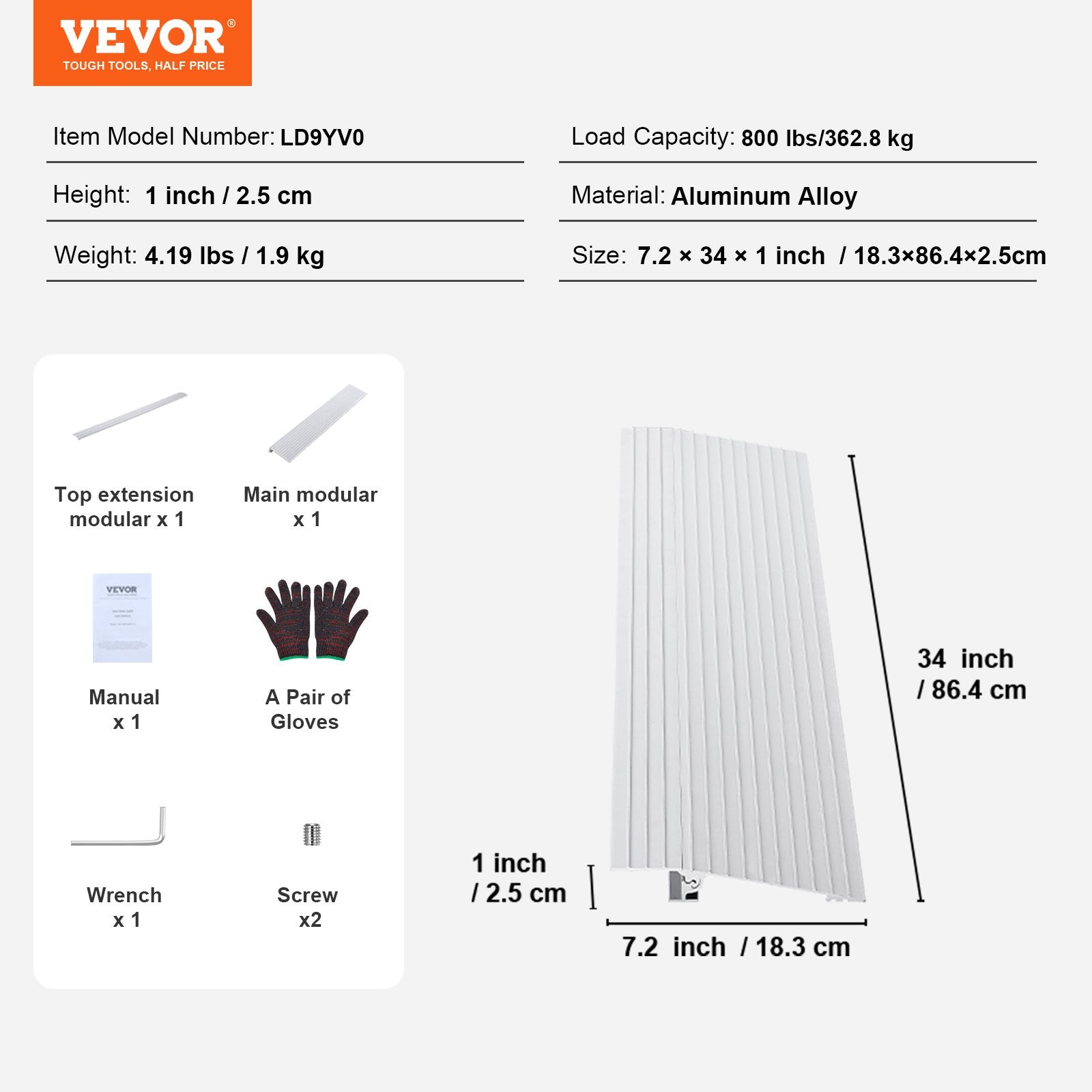 1" Rise Aluminum Door Threshold Ramp 800lb Capacity for Wheelchairs