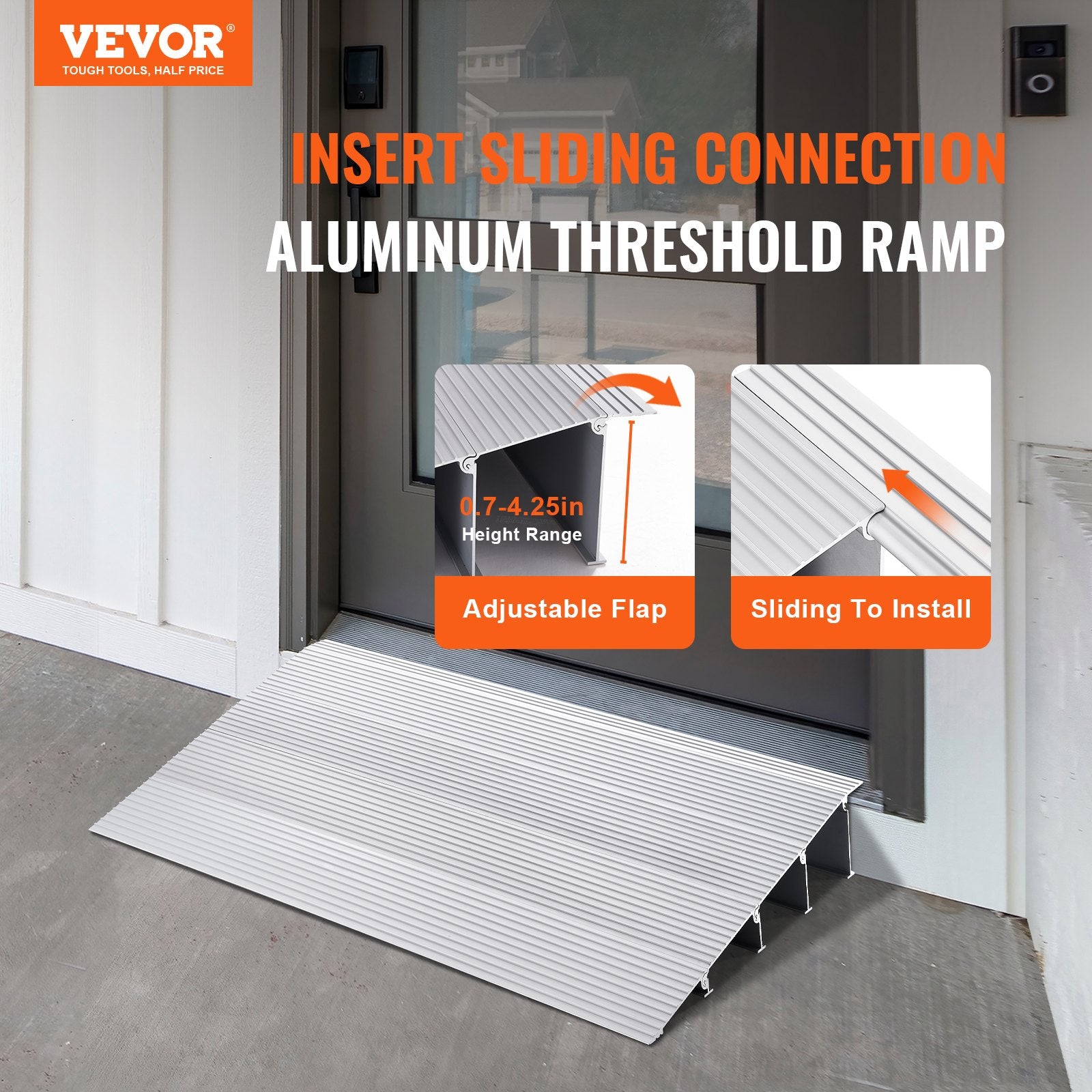 Door Threshold Ramp, 4" Rise, 800 lbs Load Capacity, Aluminum Adjustable Ramp