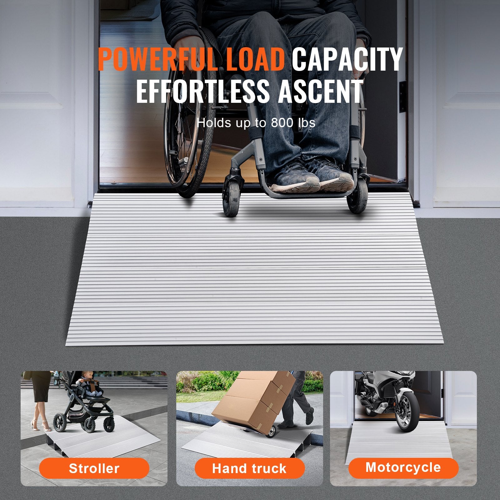 Door Threshold Ramp, 4" Rise, 800 lbs Load Capacity, Aluminum Adjustable Ramp