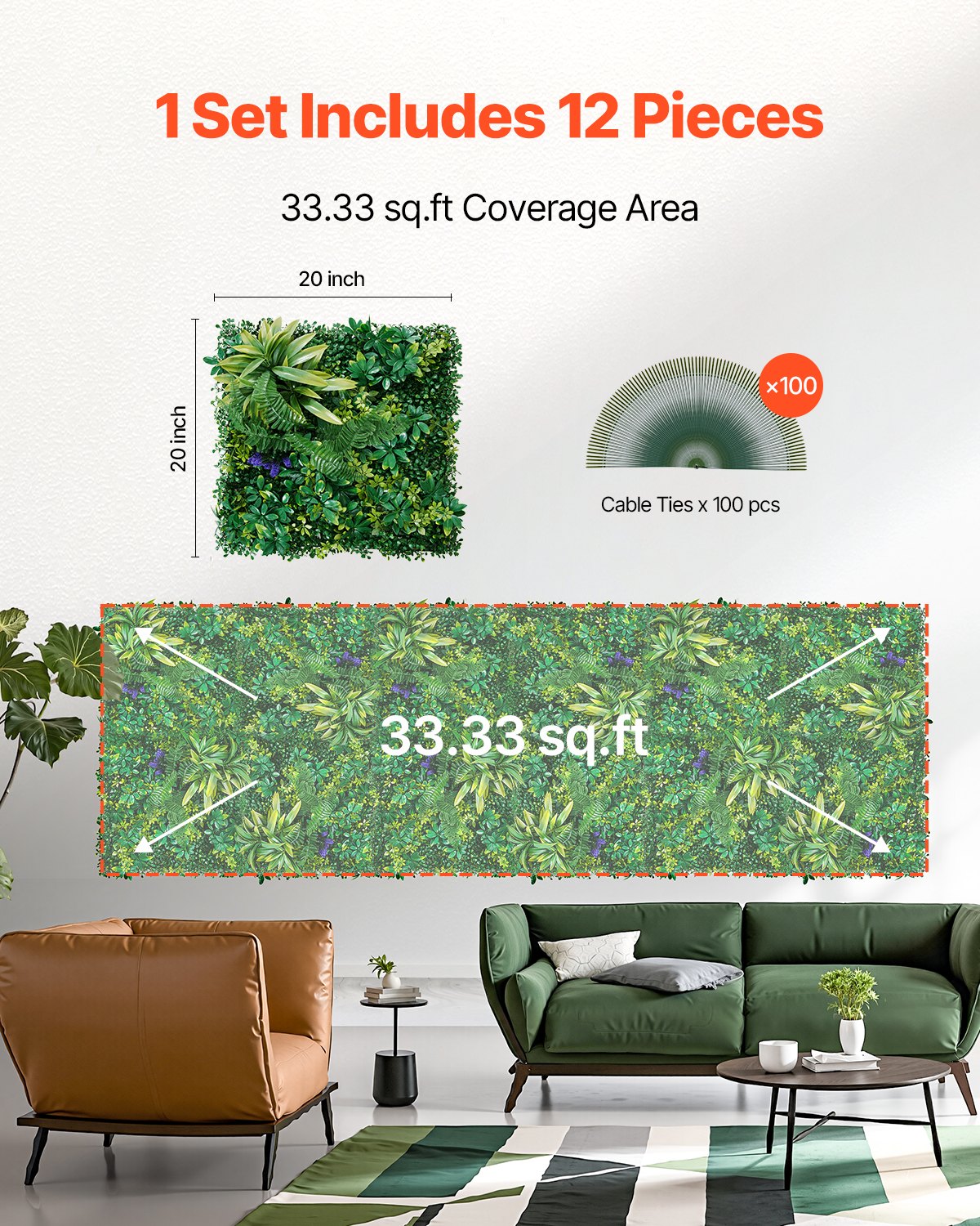 Artificial Grass Wall Panels 12-Pack 20x20" 3D Boxwood Hedge Indoor Outdoor