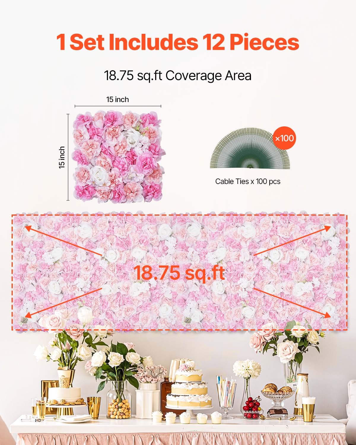 3D Flower Wall Panel 12-Pack 15x15" Artificial Floral Backdrop Mat Wedding Party