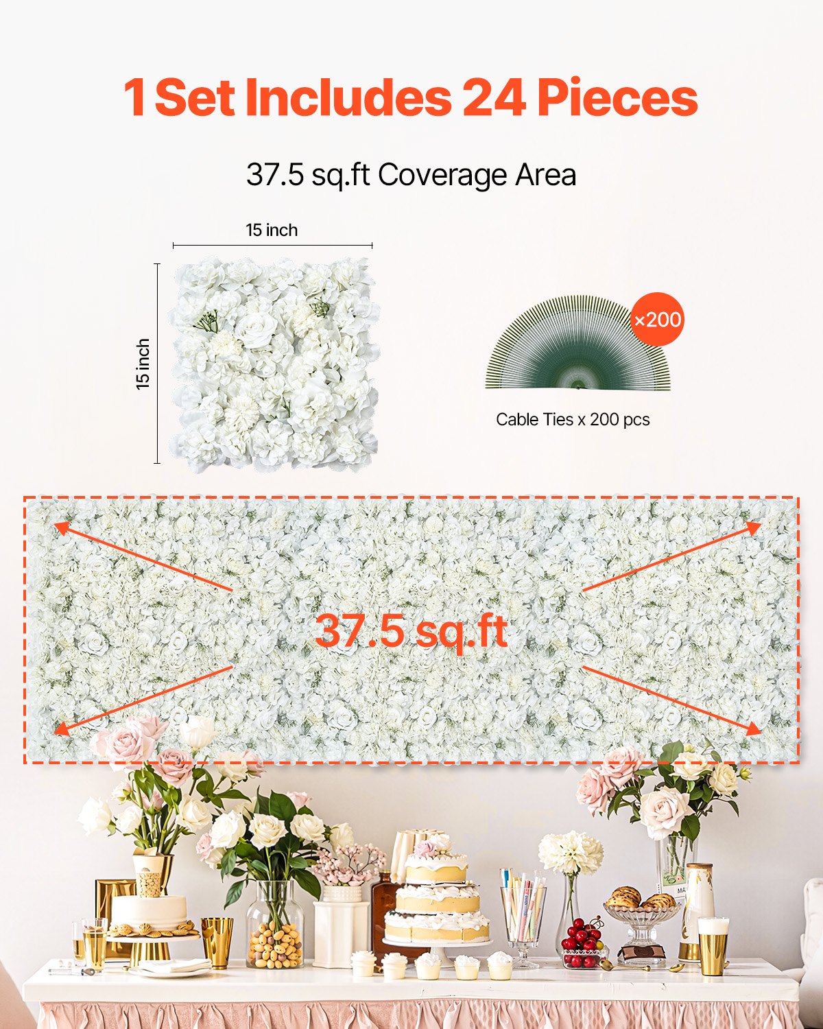 3D Flower Wall Panel 24-Pack 15x15" Artificial Floral Backdrop Mat Wedding Party