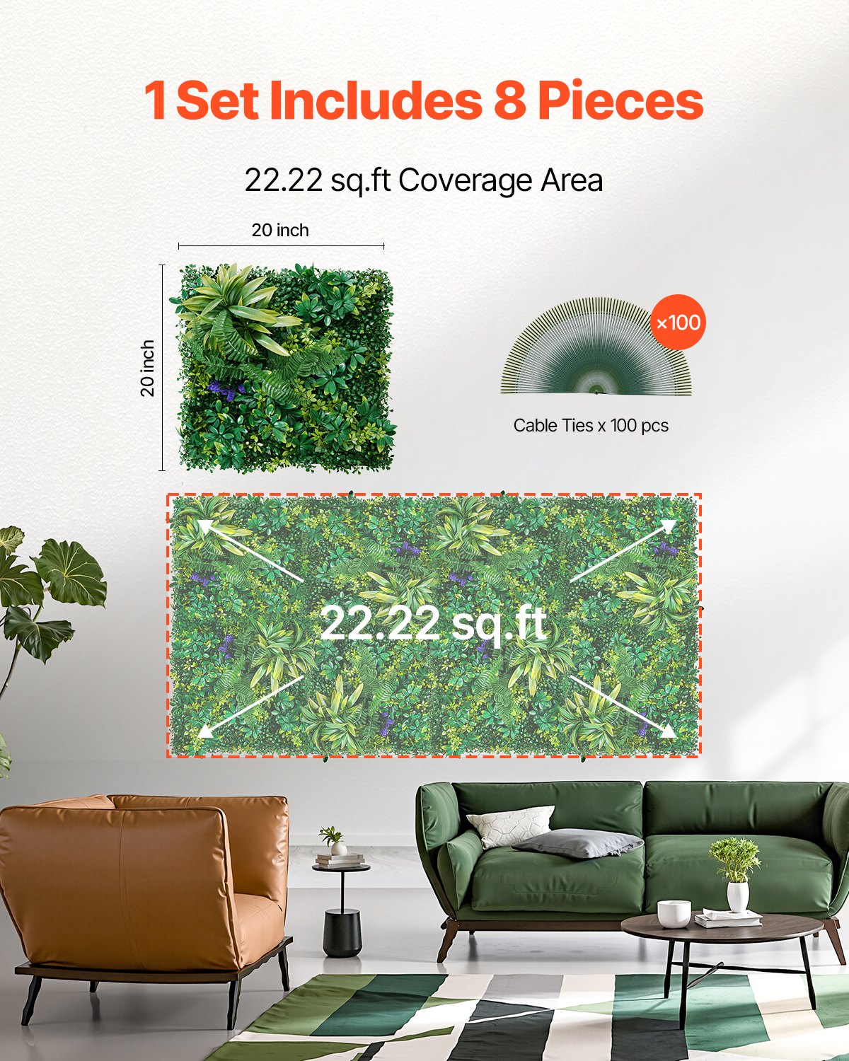 Artificial Grass Wall Panels 8-Pack 20x20" 3D Boxwood Hedge Indoor Outdoor