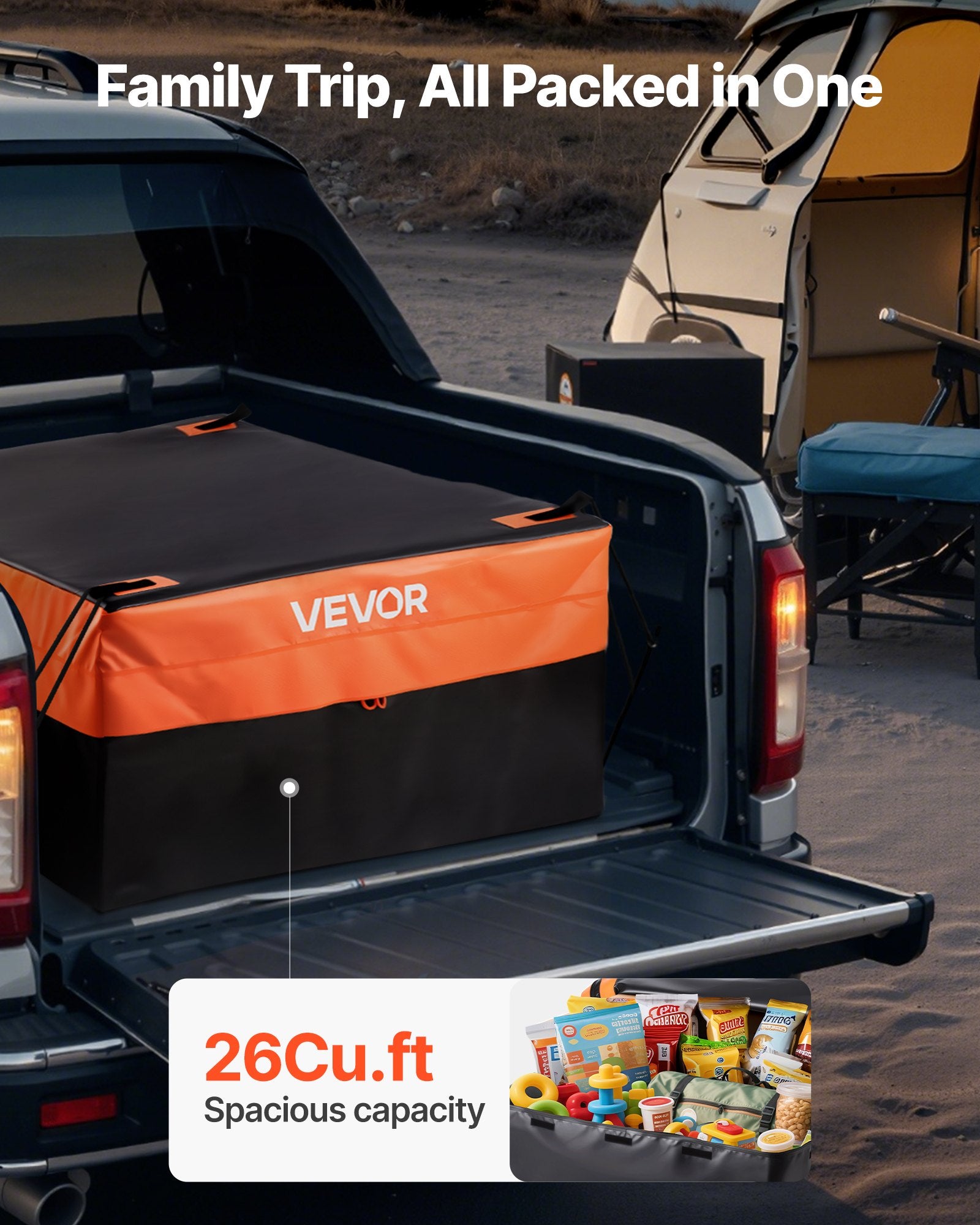 Truck Bed Cargo Bag W/P 840D-PVC 130x102x55.5 26Cu.ft HD BungeeCordsNetCarabiner