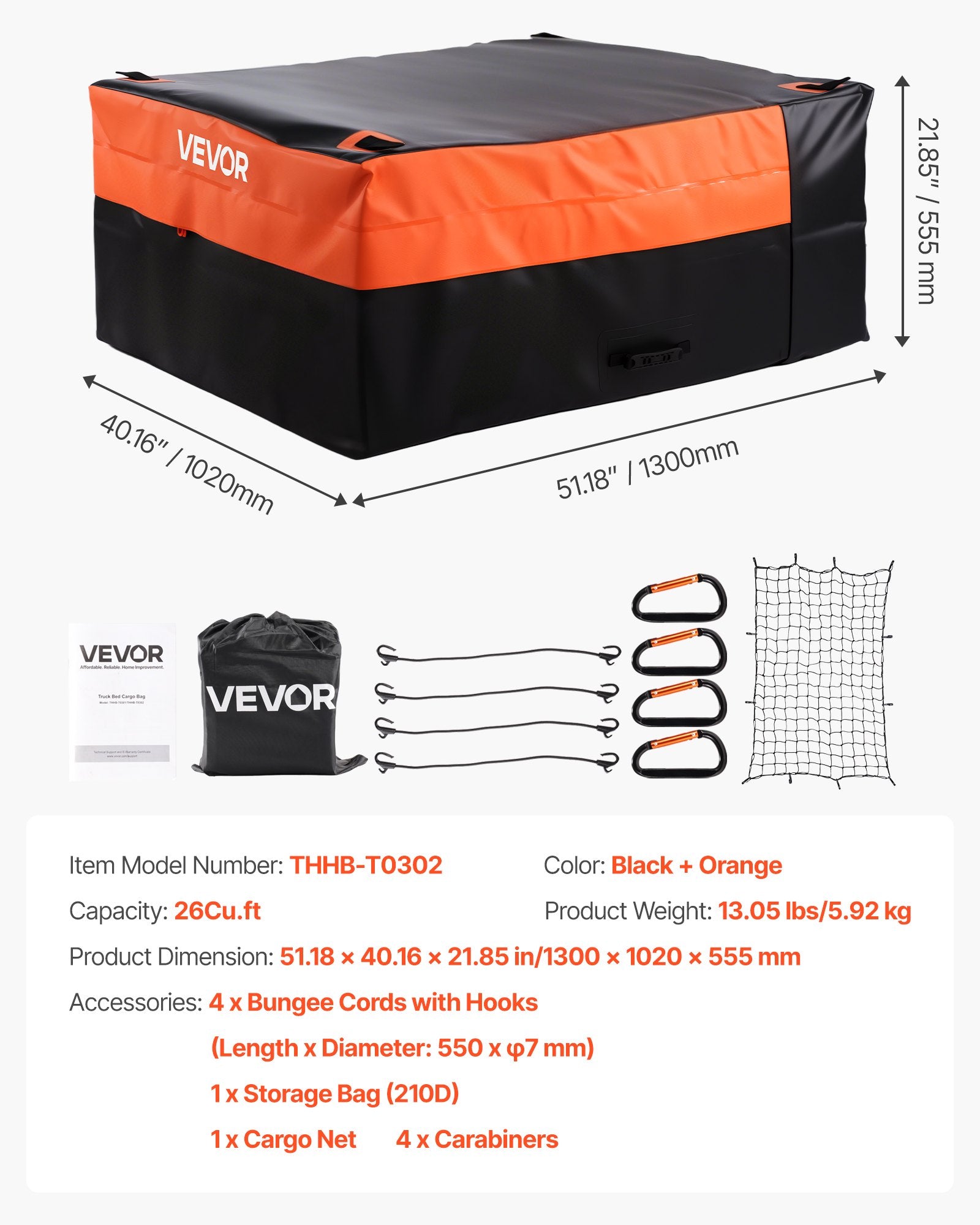 Truck Bed Cargo Bag W/P 840D-PVC 130x102x55.5 26Cu.ft HD BungeeCordsNetCarabiner