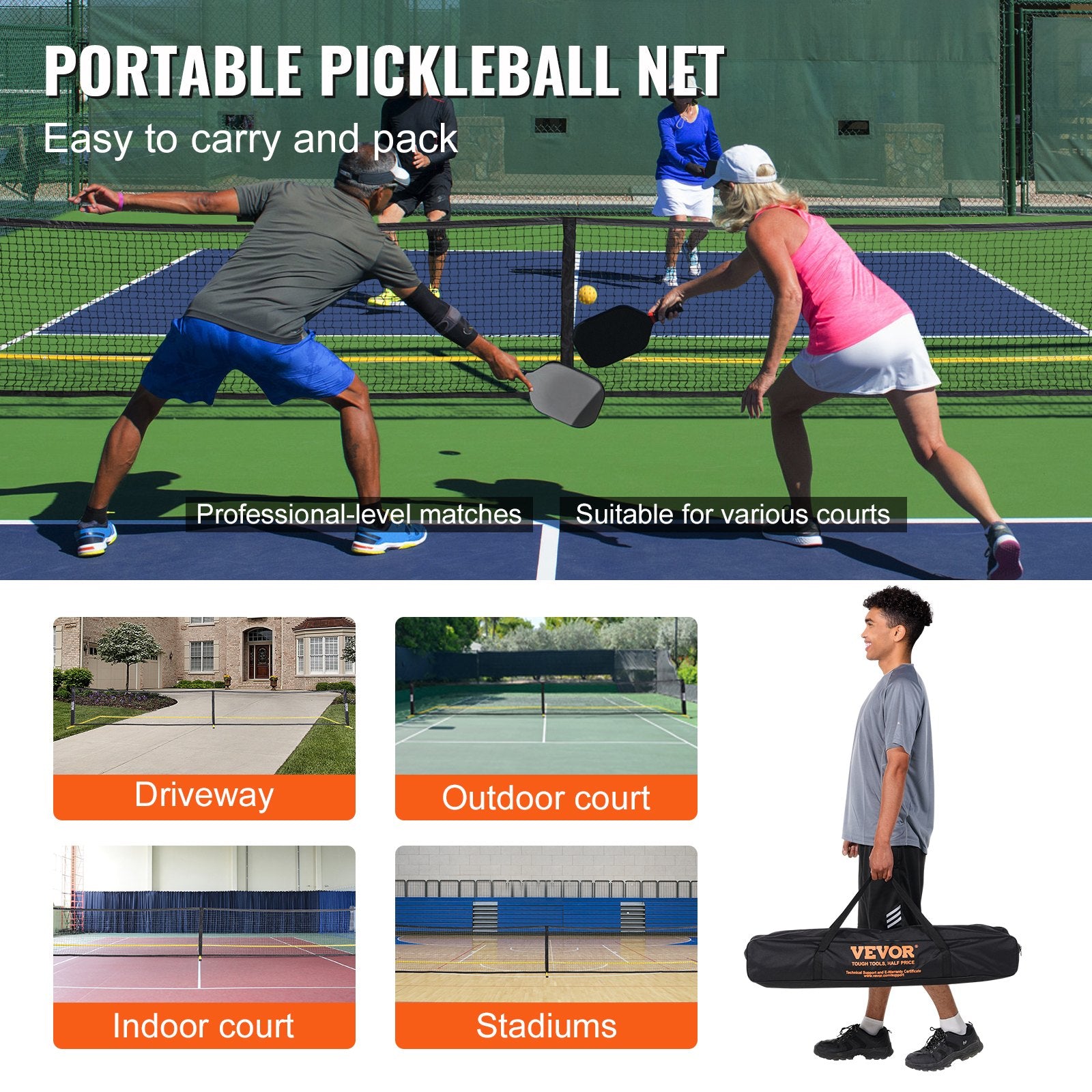Pickleball Net System Portable 22FT Weather Resistant Metal Frame PE Net Bag