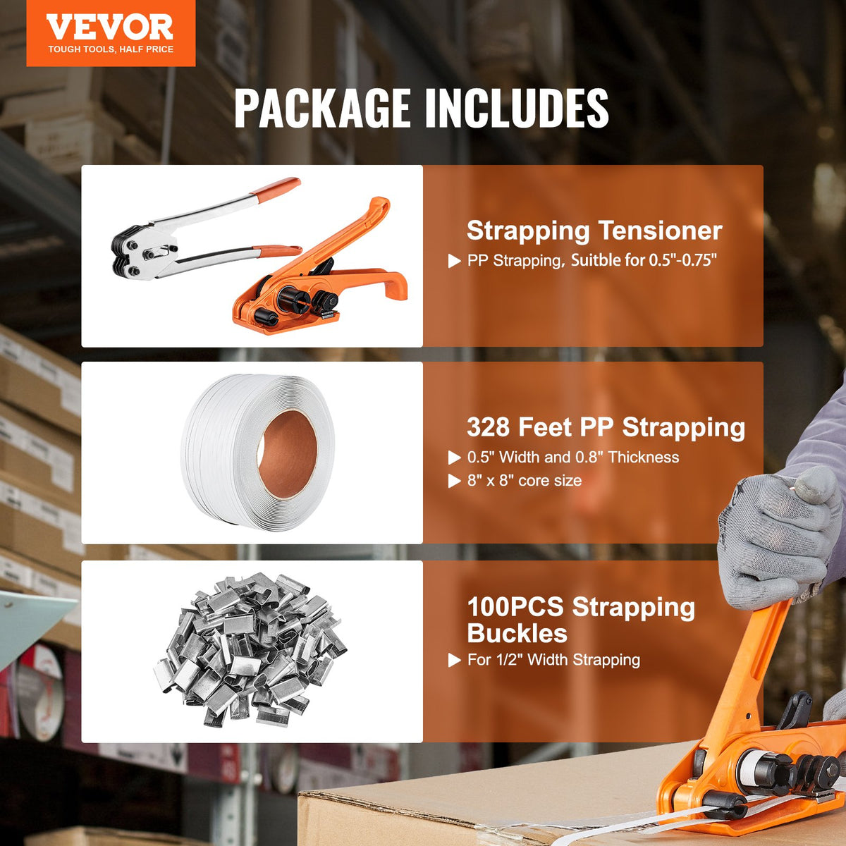Strapping Kit with Tensioner Sealer 100m PP Band 100 Metal Seals Packaging
