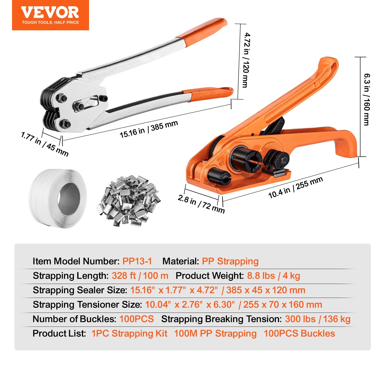 Strapping Kit with Tensioner Sealer 100m PP Band 100 Metal Seals Packaging