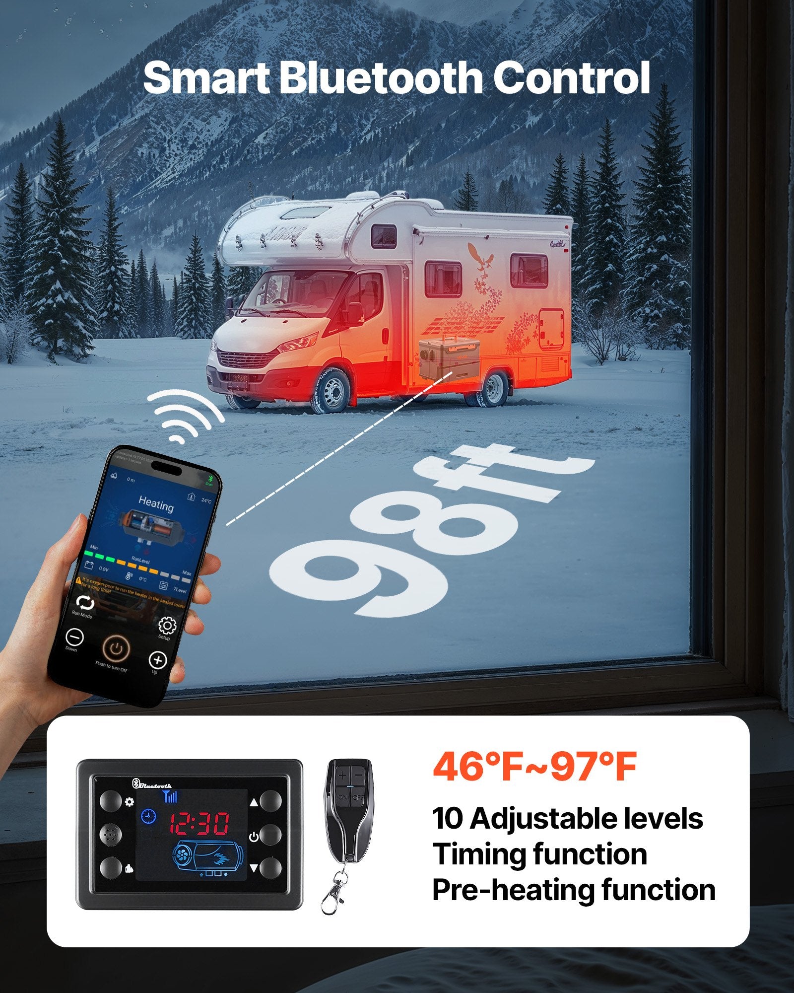 Diesel Heater 8KW 12V/24V Portable Heater Bluetooth Remote LCD 5L Tank All inOne