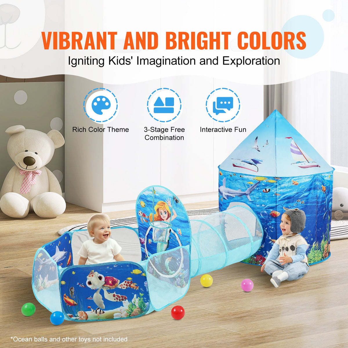 3 in 1 Kids Play Tent with Tunnel and Basketball Hoop Indoor/Outdoor Blue Ocean