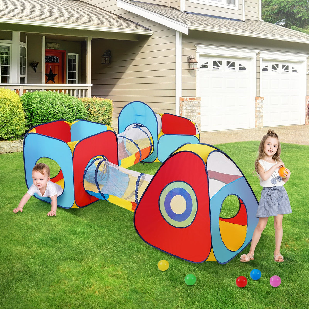 5-in-1 Kids Play Tent with Tunnel & Basketball Hoop Pop Up Playhouse
