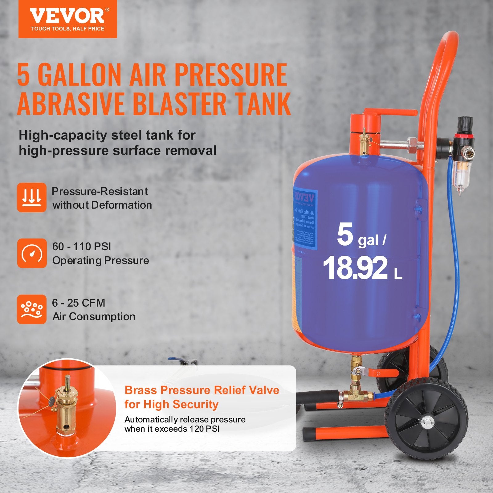 5 Gallon Sand Blaster 60-110 PSI Portable Abrasive Tank with 4 Nozzles
