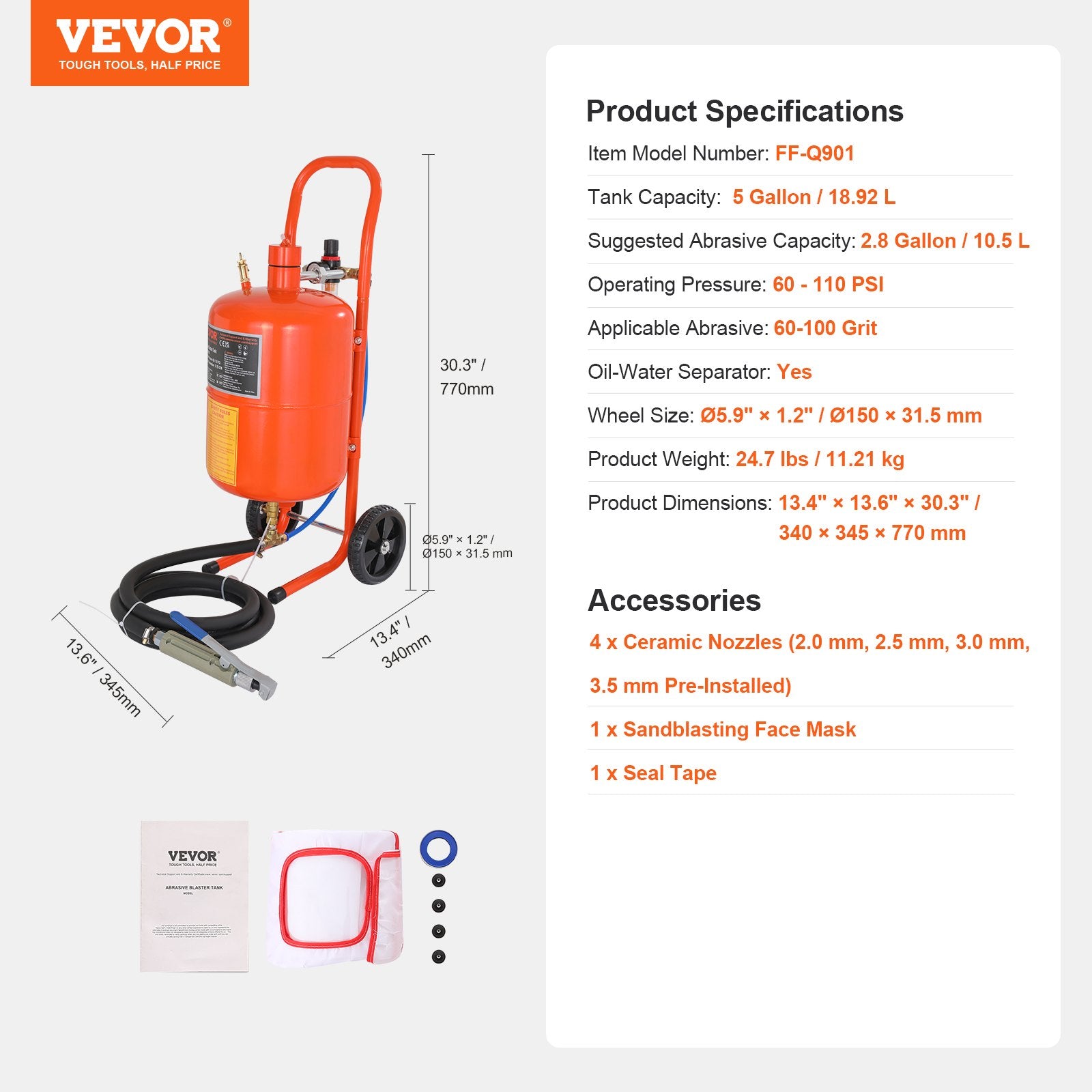 5 Gallon Sand Blaster 60-110 PSI Portable Abrasive Tank with 4 Nozzles