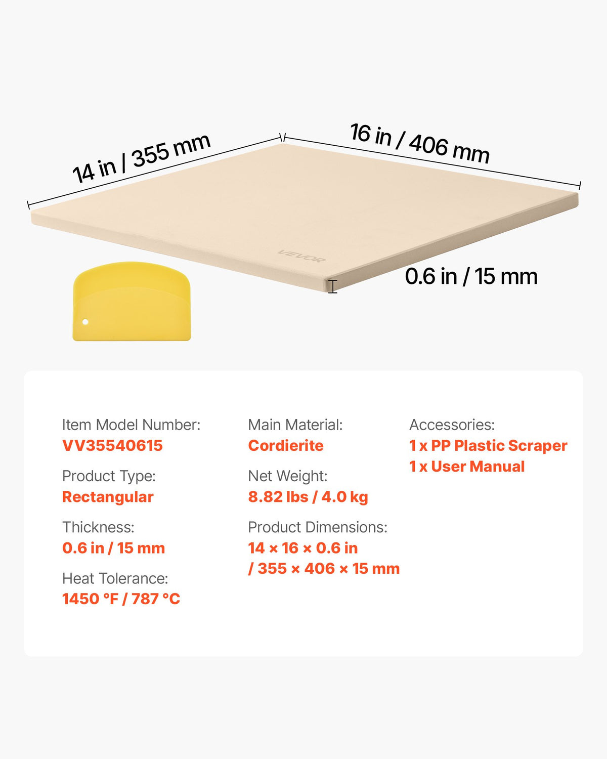 Pizza Stone 406x355mm Cordierite Extra Large Baking Stone with Scraper