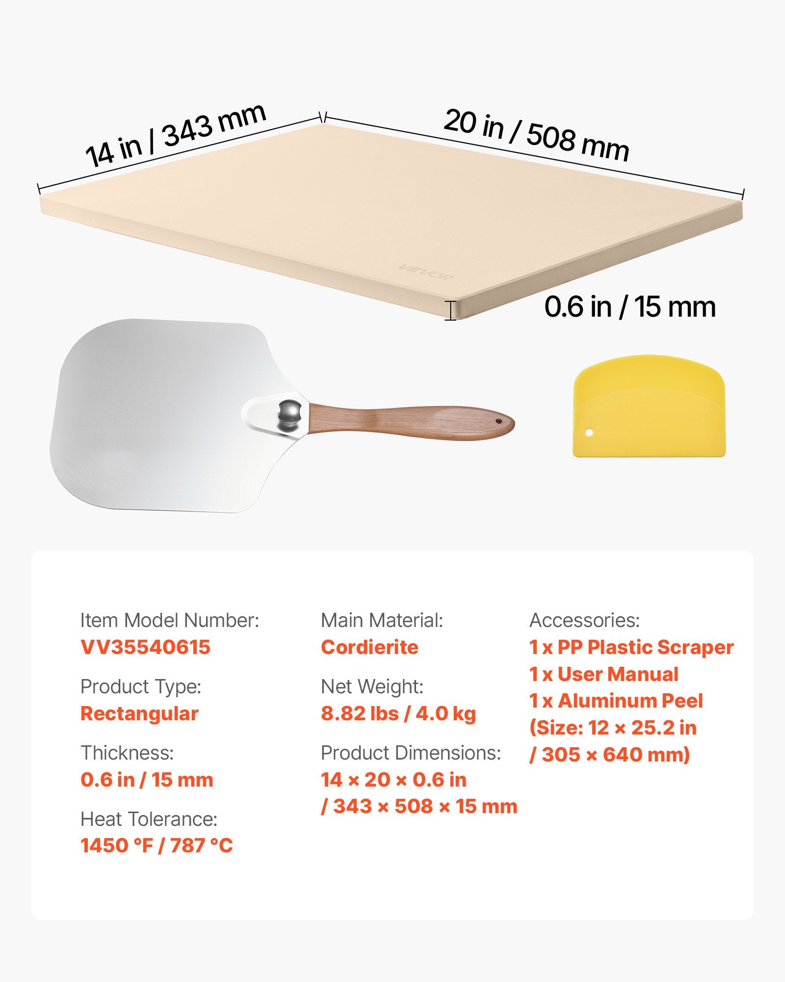 Pizza Stone 508x355mm Rectangular Cordierite 15mm Thick Baking Aluminum Peel