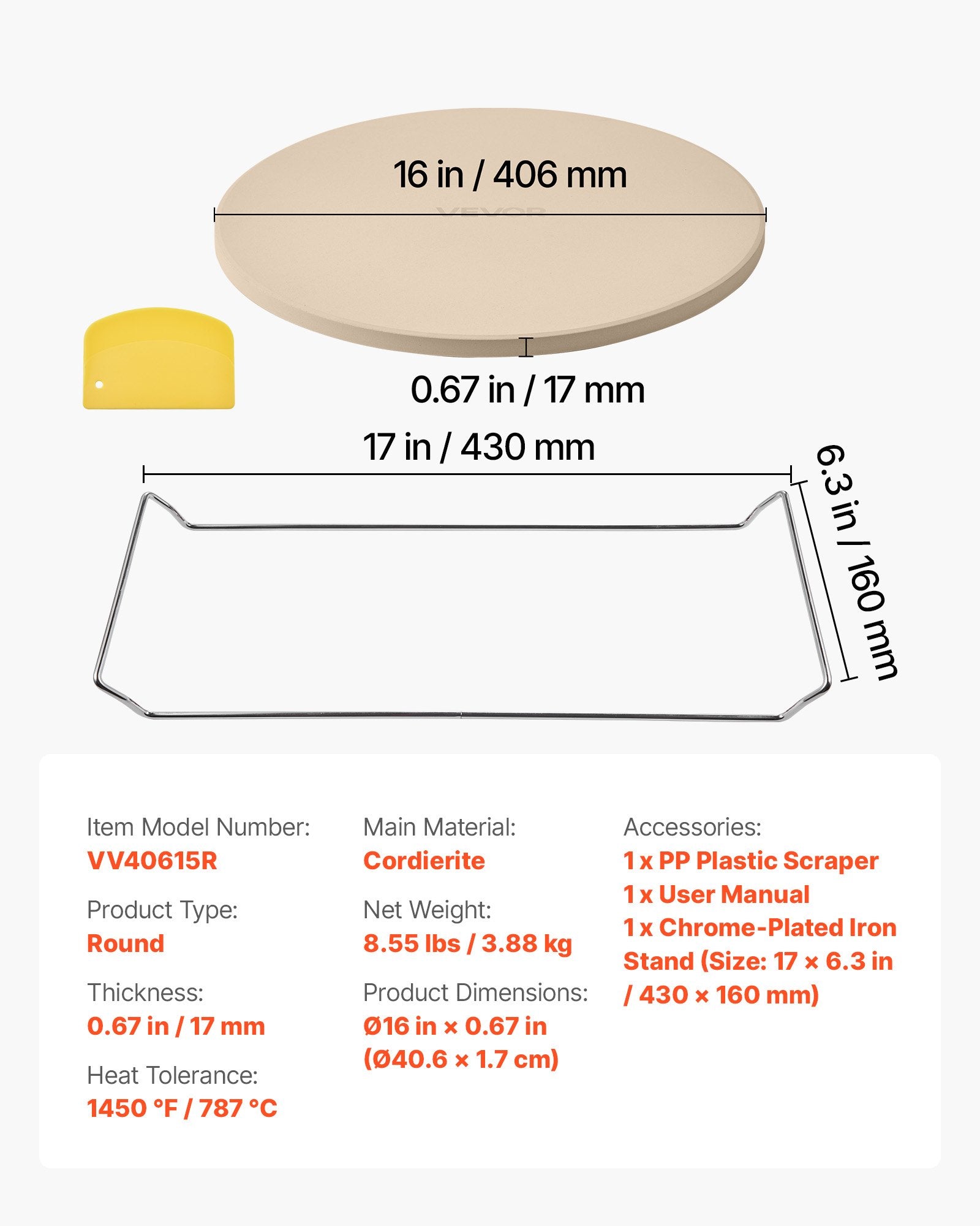 Pizza Stone 406mm Round Cordierite Extra-Large Baking Stone with Durable Stand