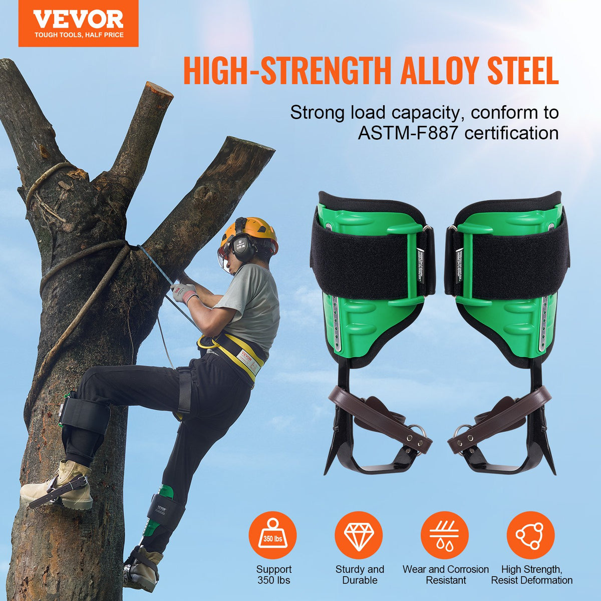 Tree Climbing Spikes 1Pair Alloy Steel 350lbs with Straps Spike Protectors Green