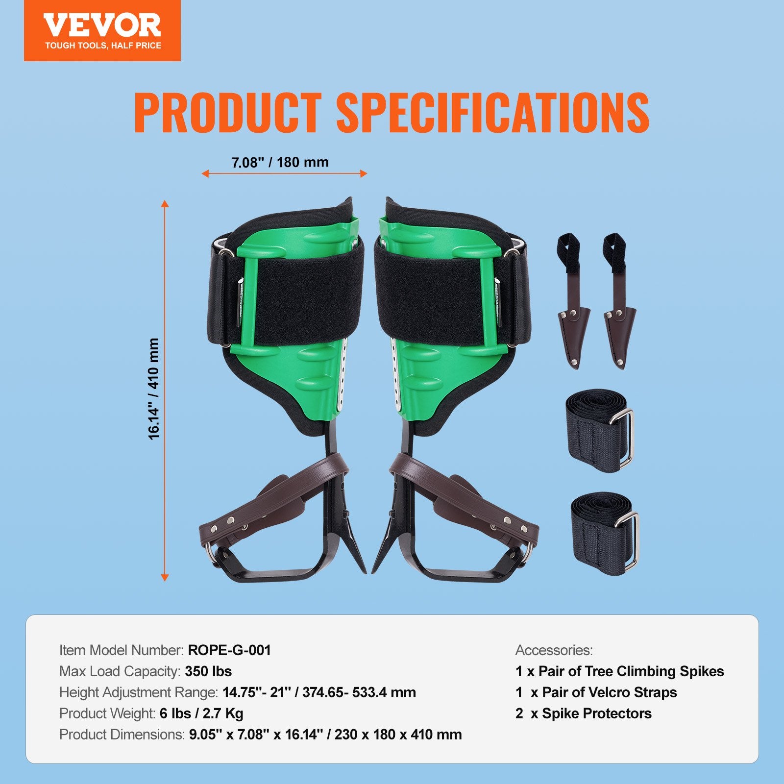 Tree Climbing Spikes 1Pair Alloy Steel 350lbs with Straps Spike Protectors Green