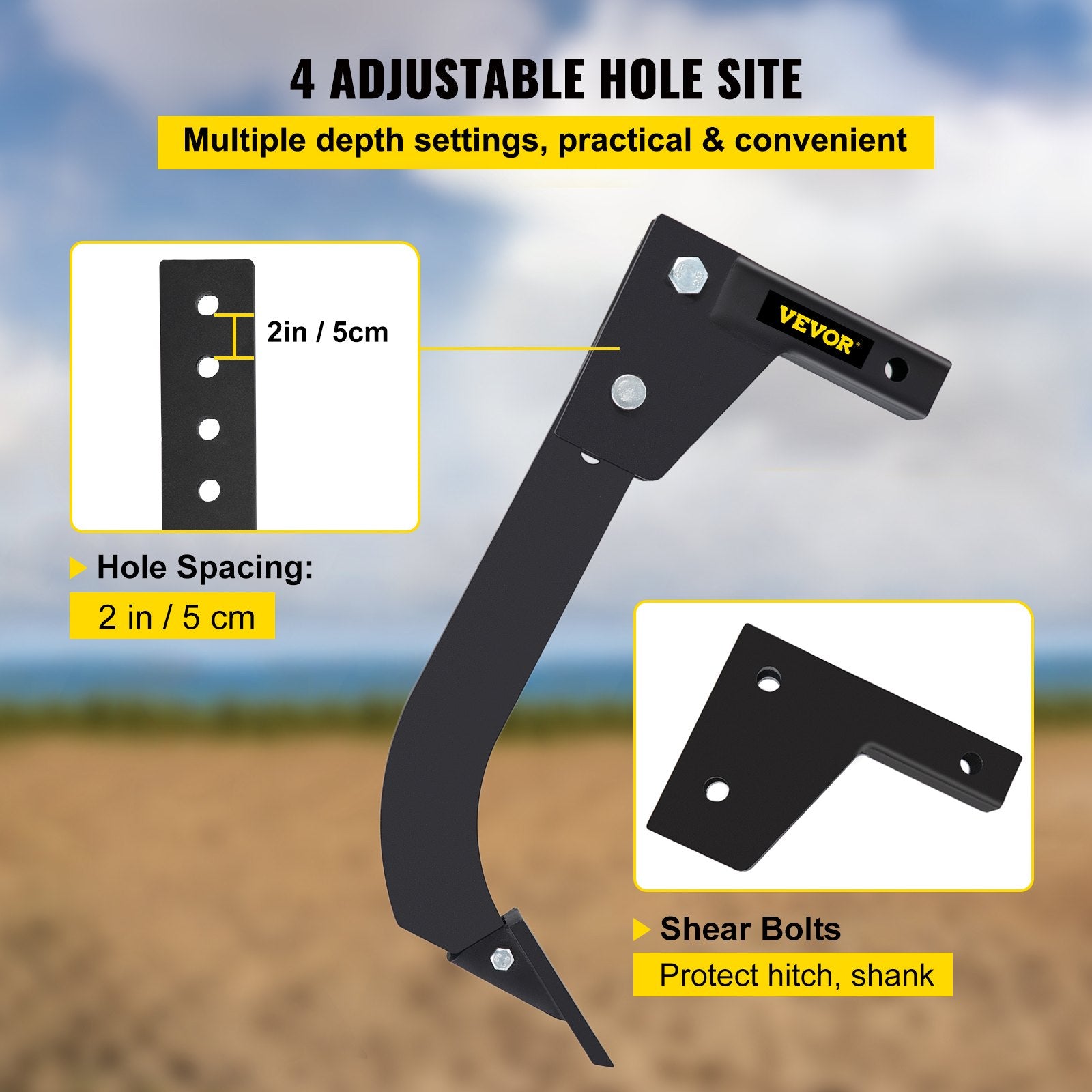 Hitch Mounted Ripper 46cm Box Blade Shank for Tractor 4 Hole Pins Plough Tips