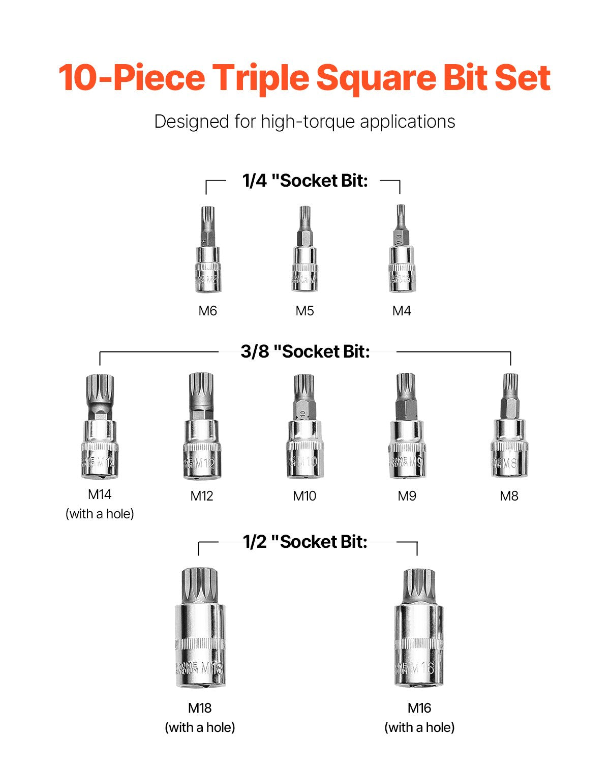 XZN Triple Square Spline Bit Socket Set 10-Piece M4-M18 with Storage Case