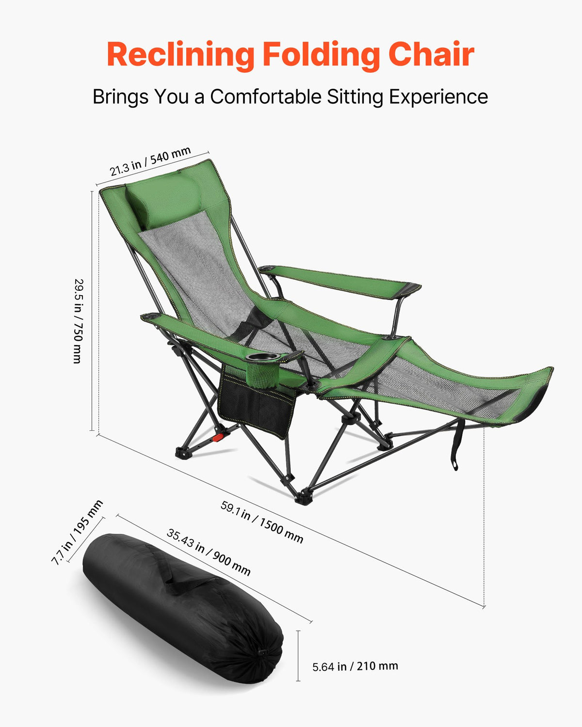 Reclining Camping Chair 4 Position Folding Lounger Mesh Headrest Footrest Green