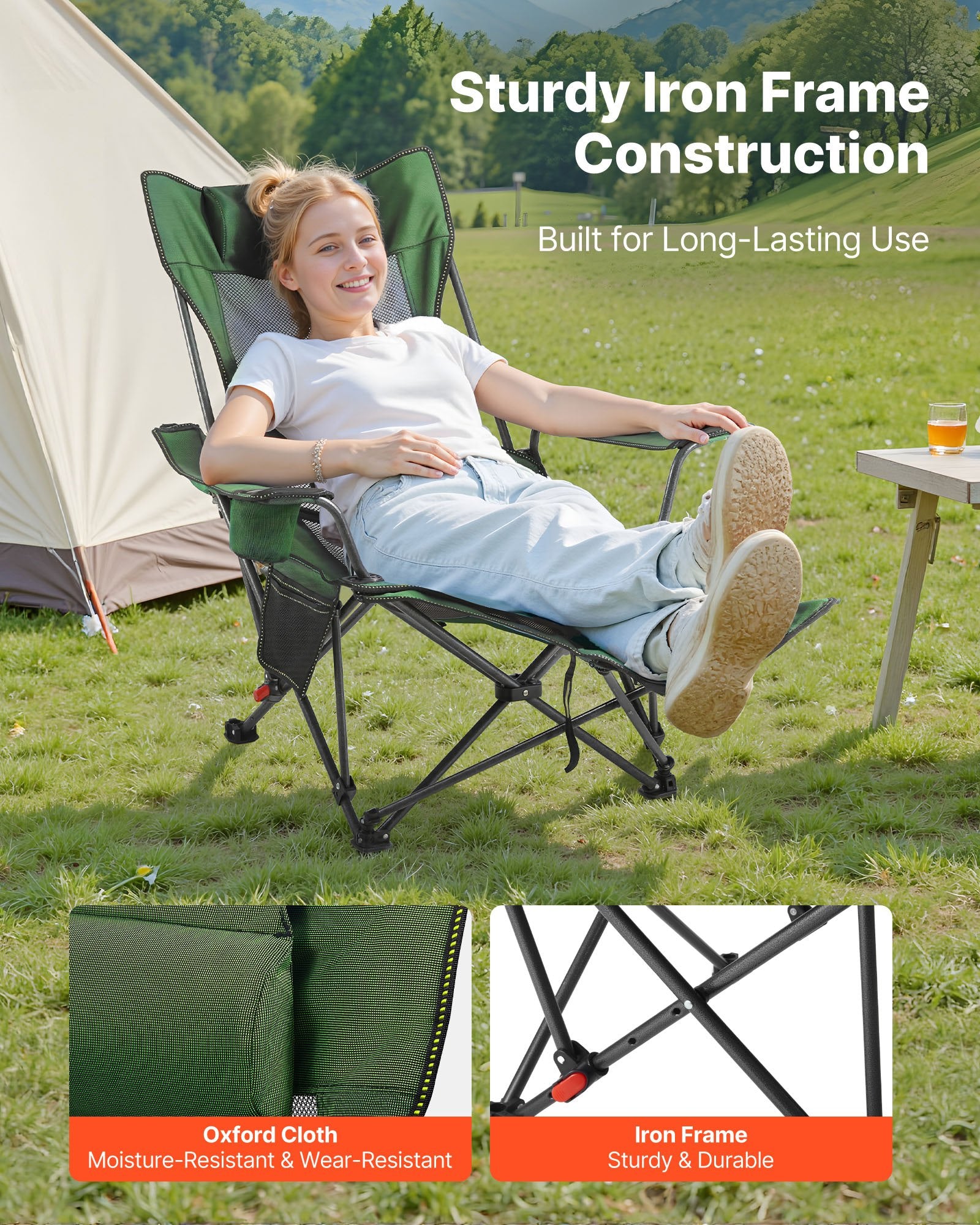Reclining Camping Chair 4 Position Folding Lounger Mesh Headrest Footrest Green