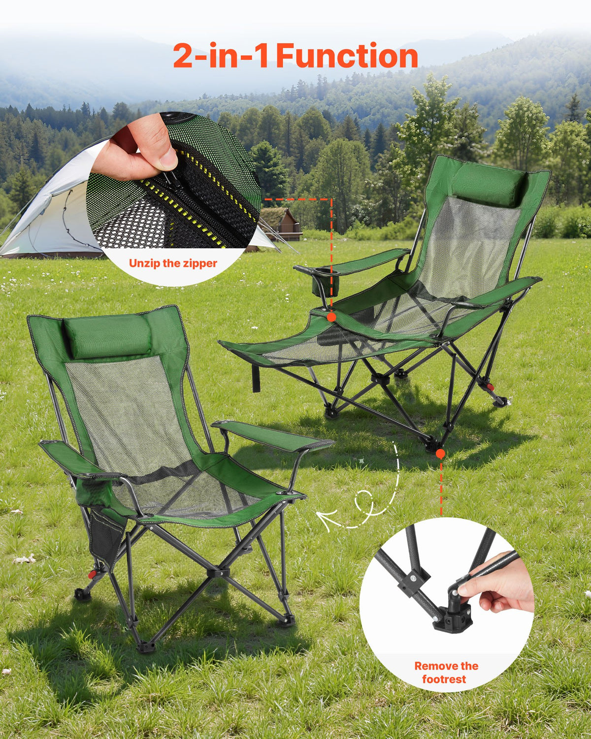 Reclining Camping Chair 4 Position Folding Lounger Mesh Headrest Footrest Green
