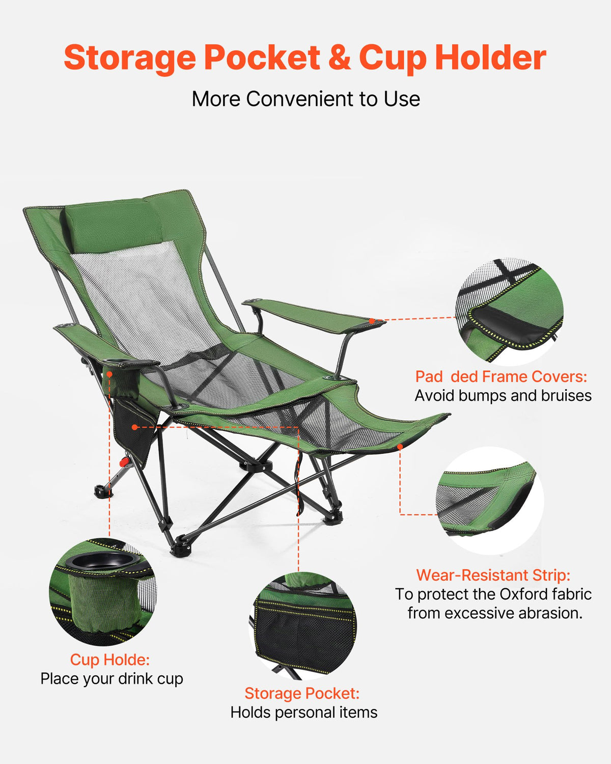 Reclining Camping Chair 4 Position Folding Lounger Mesh Headrest Footrest Green