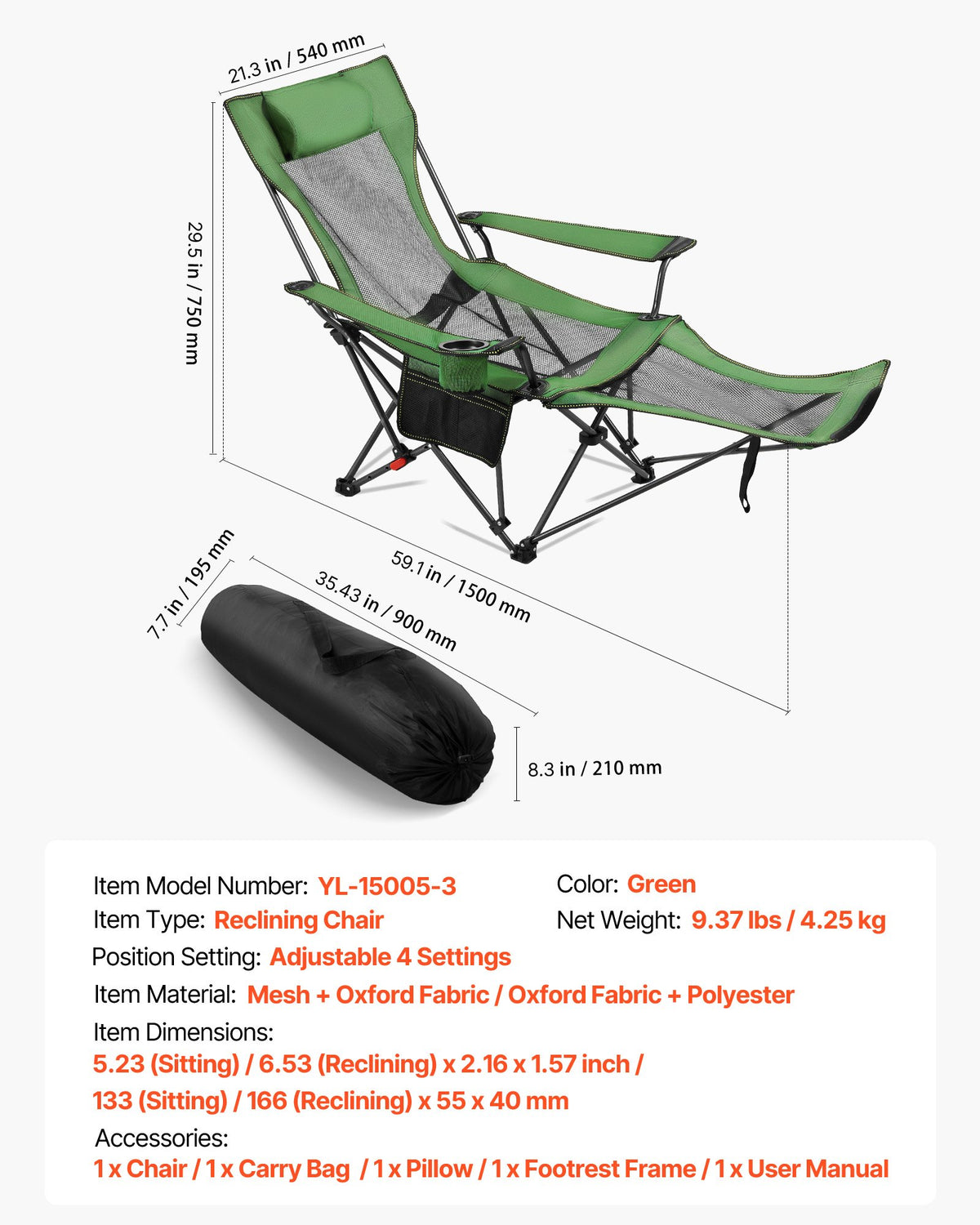 Reclining Camping Chair 4 Position Folding Lounger Mesh Headrest Footrest Green