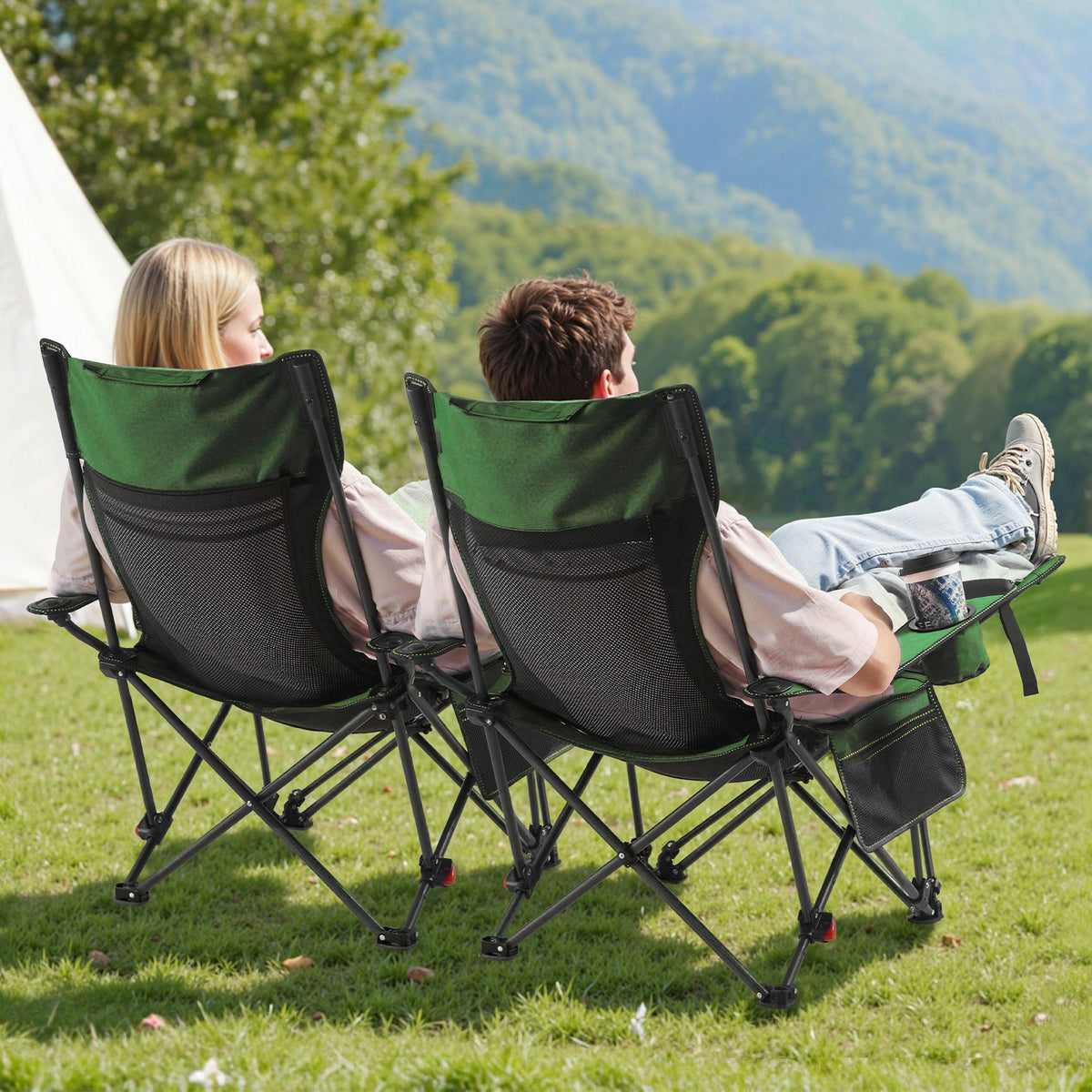 Reclining Camping Chair 4 Position Folding Lounger Mesh Headrest Footrest Green