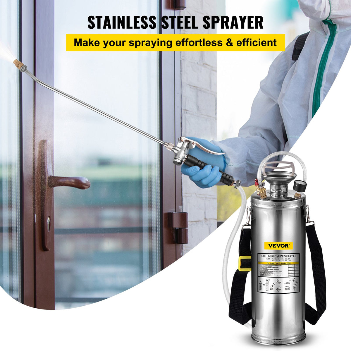 3Gal Stainless Steel Sprayer with 20in Wand Handle 3ft Hose Pressure Gauge Valve