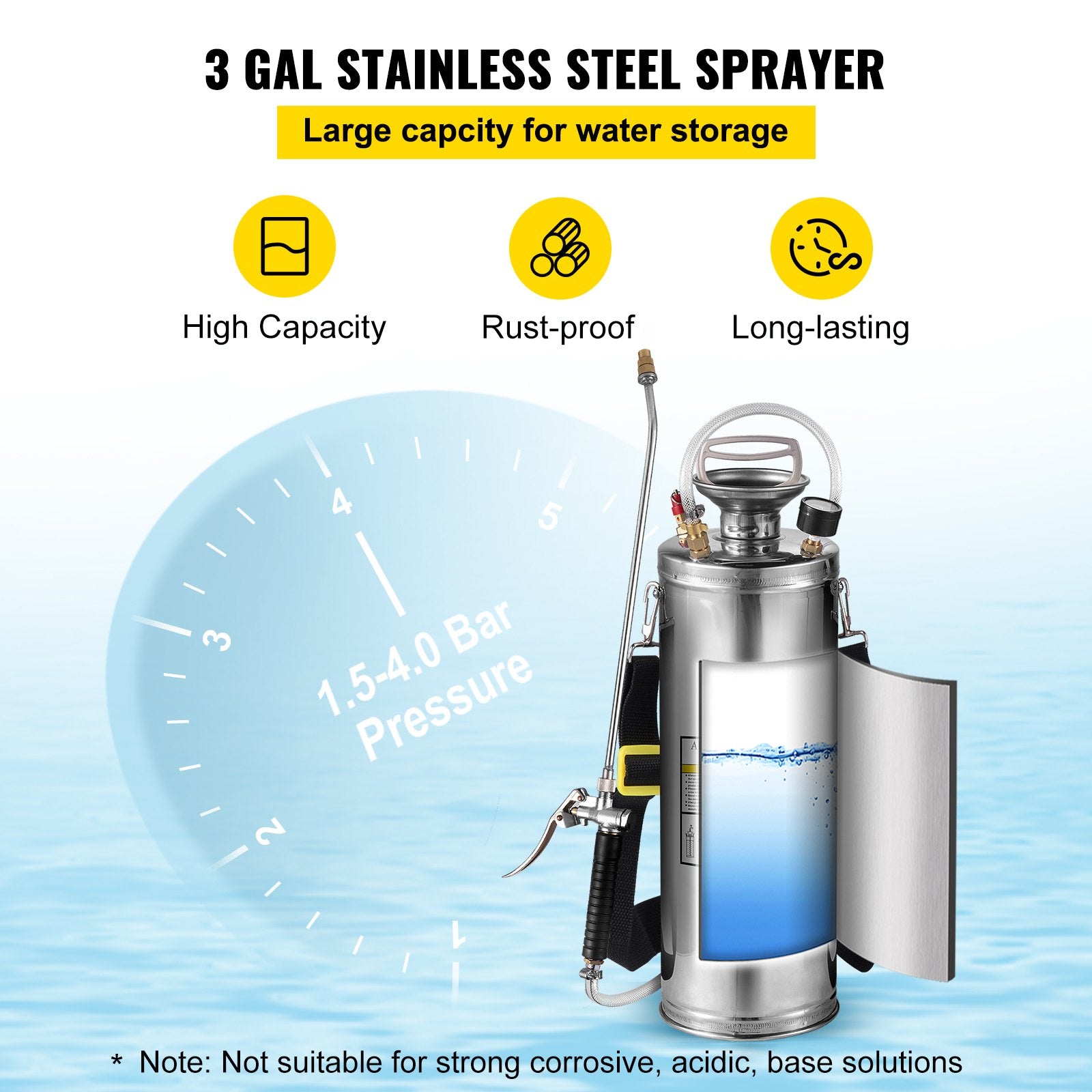 3Gal Stainless Steel Sprayer with 20in Wand Handle 3ft Hose Pressure Gauge Valve