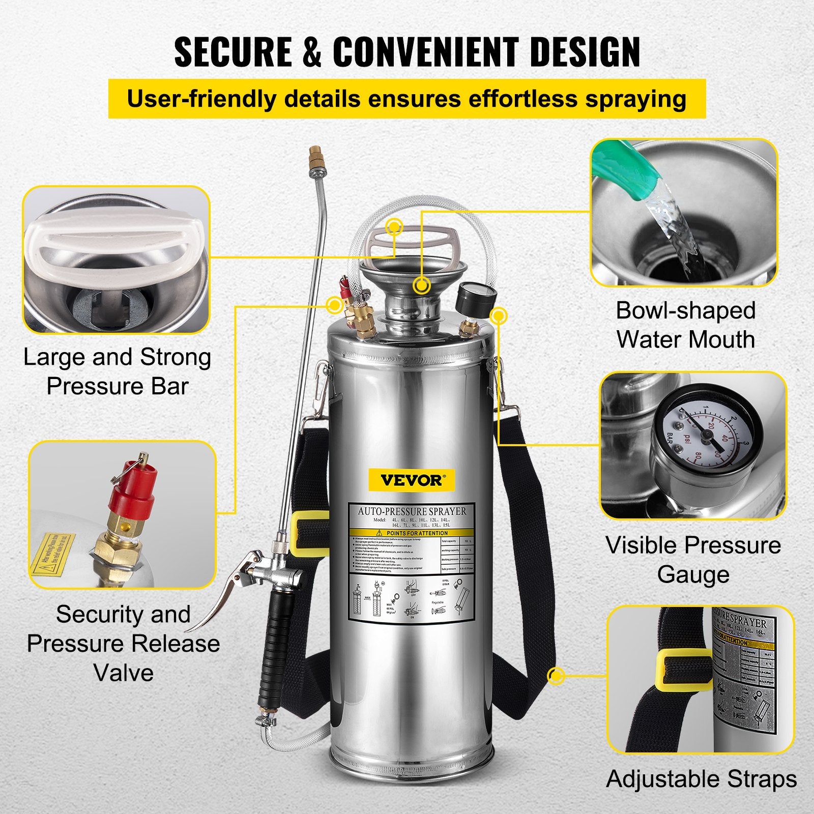 3Gal Stainless Steel Sprayer with 20in Wand Handle 3ft Hose Pressure Gauge Valve