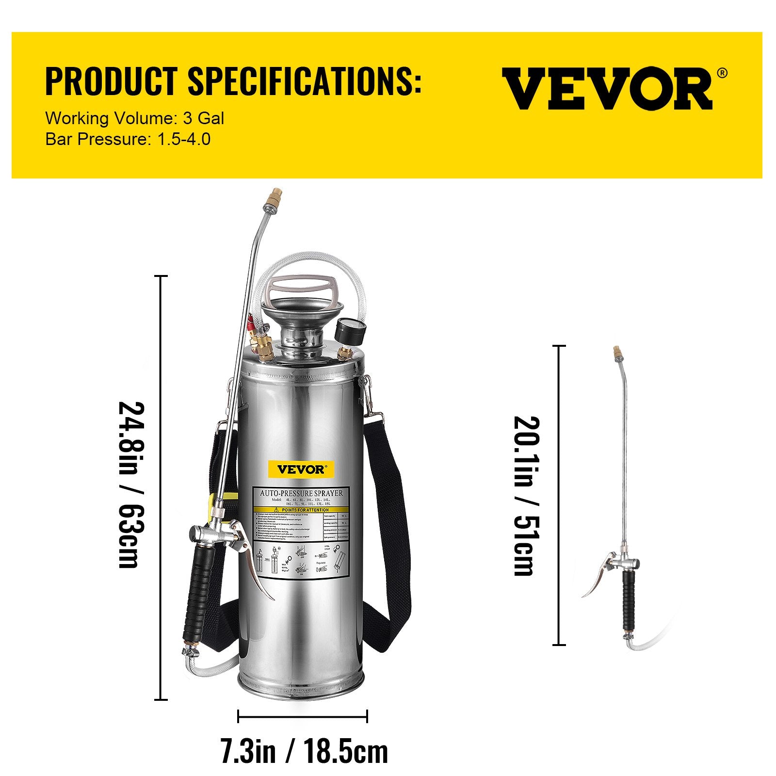 3Gal Stainless Steel Sprayer with 20in Wand Handle 3ft Hose Pressure Gauge Valve