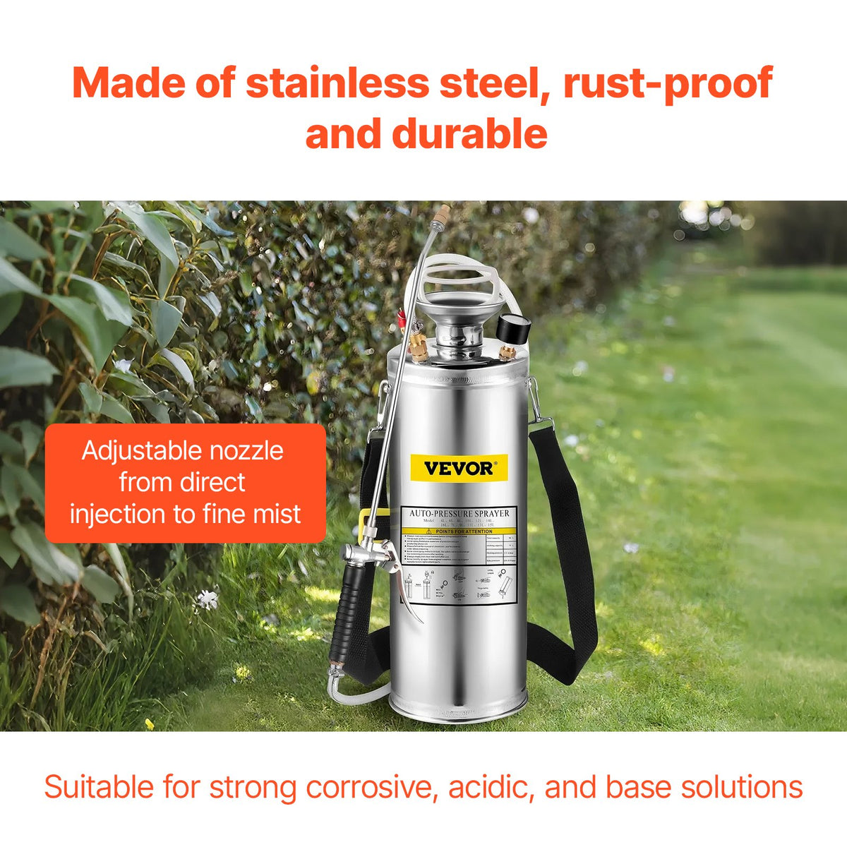 3Gal Stainless Steel Sprayer with 20in Wand Handle 3ft Hose Pressure Gauge Valve