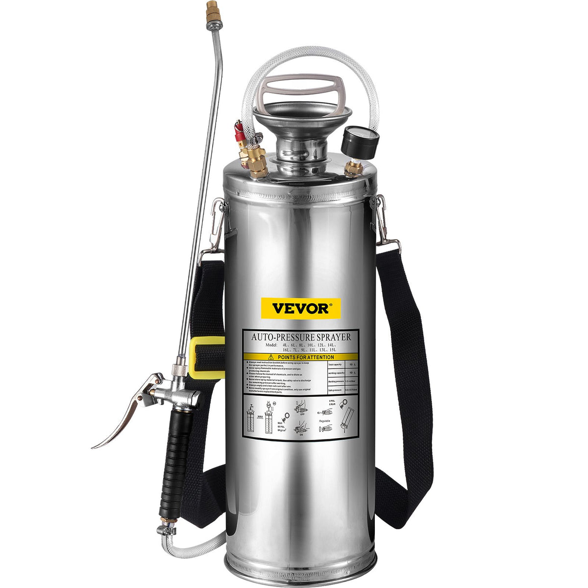 3Gal Stainless Steel Sprayer with 20in Wand Handle 3ft Hose Pressure Gauge Valve