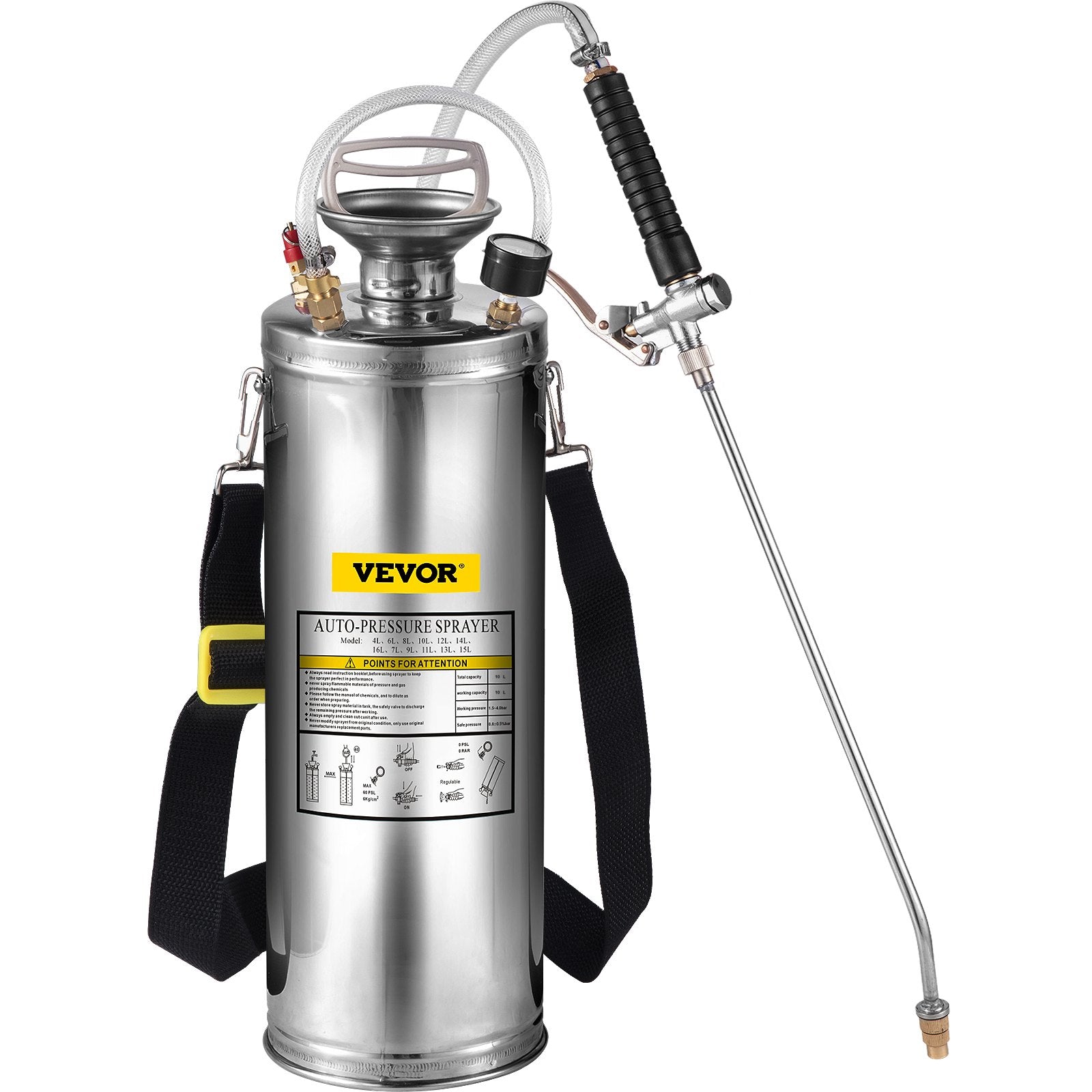3Gal Stainless Steel Sprayer with 20in Wand Handle 3ft Hose Pressure Gauge Valve