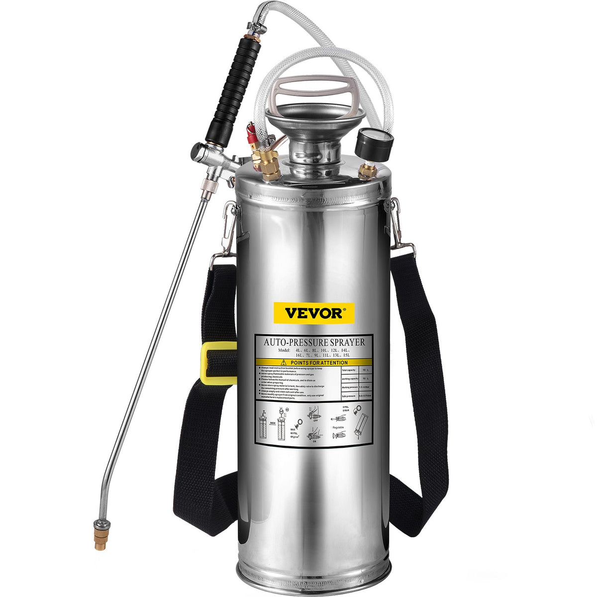 3Gal Stainless Steel Sprayer with 20in Wand Handle 3ft Hose Pressure Gauge Valve