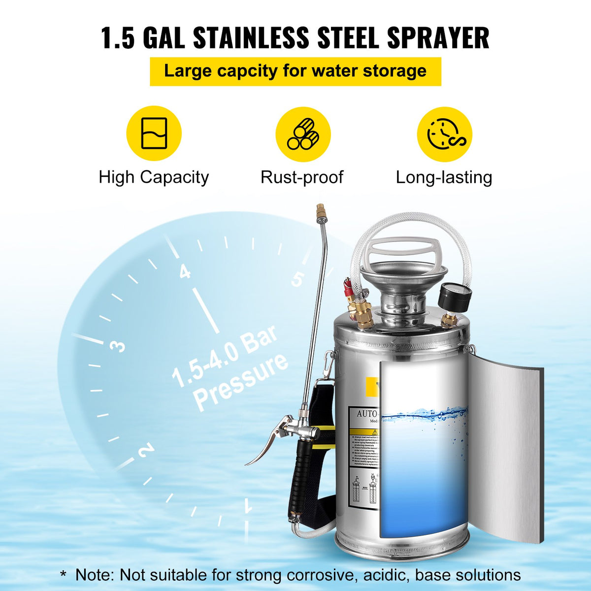 1.5Gal Stainless Steel Sprayer with 16" Wand Handle 3.3FT Hose Adjustable Nozzle