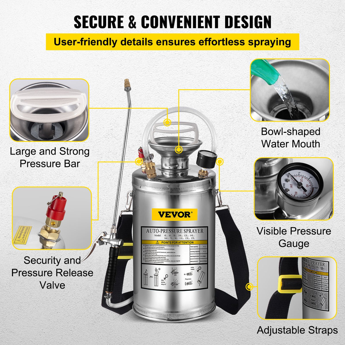 1.5Gal Stainless Steel Sprayer with 16" Wand Handle 3.3FT Hose Adjustable Nozzle